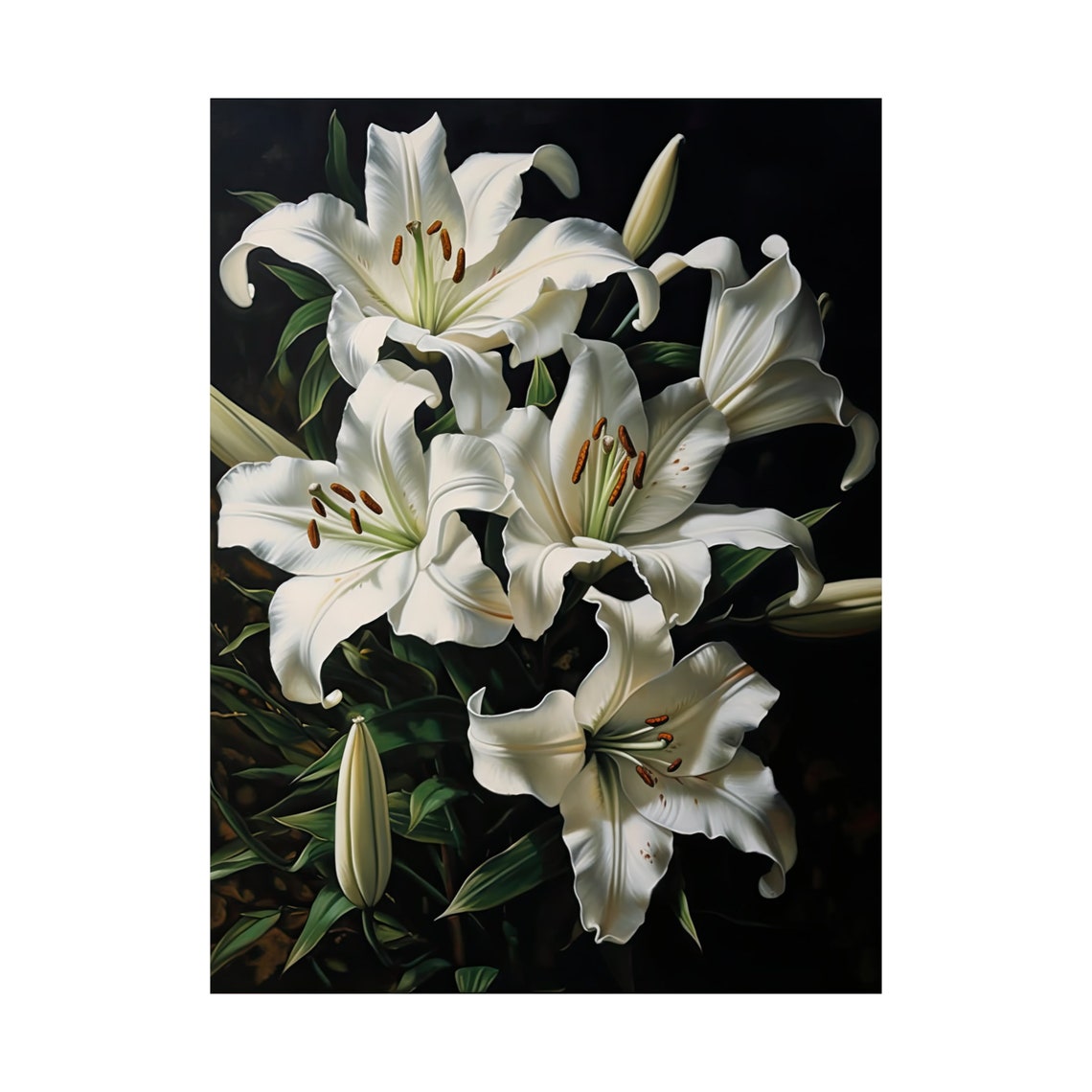 White Lily Blooms Dramatic Dark Botanical Floral Wall Art Print - Image 4