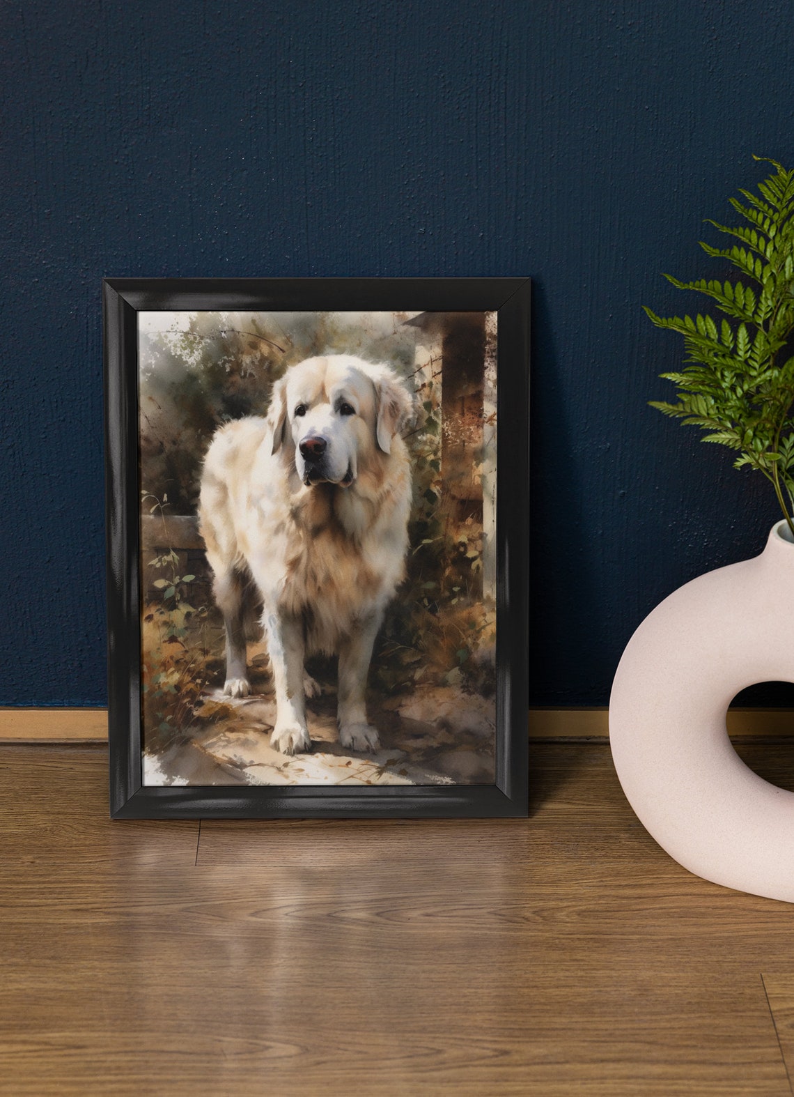 Great Pyrenees Dog Standing Portrait Watercolor White Coat Art Print