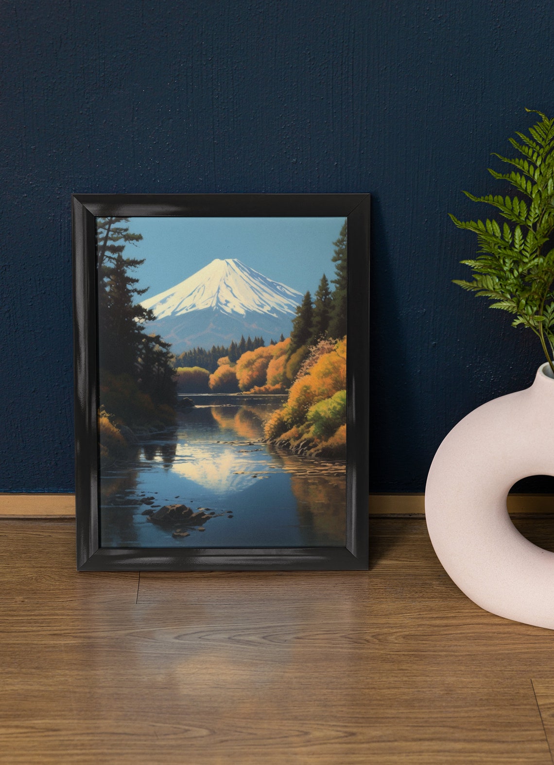 Mt Fuji Snow Capped Peak River Reflection Autumn Forest Travel Poster