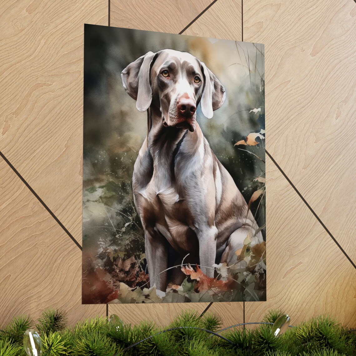 Weimaraner Dog Sitting Among Autumn Leaves Watercolor Art Print - Image 2
