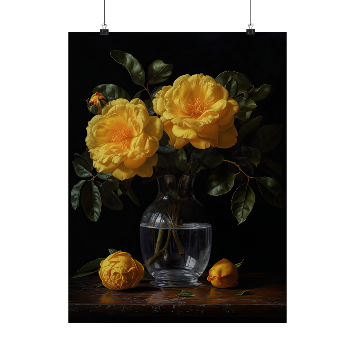 Yellow Camellia Flowers Glass Vase Dark Botanical Still Life Art Print - Image 5