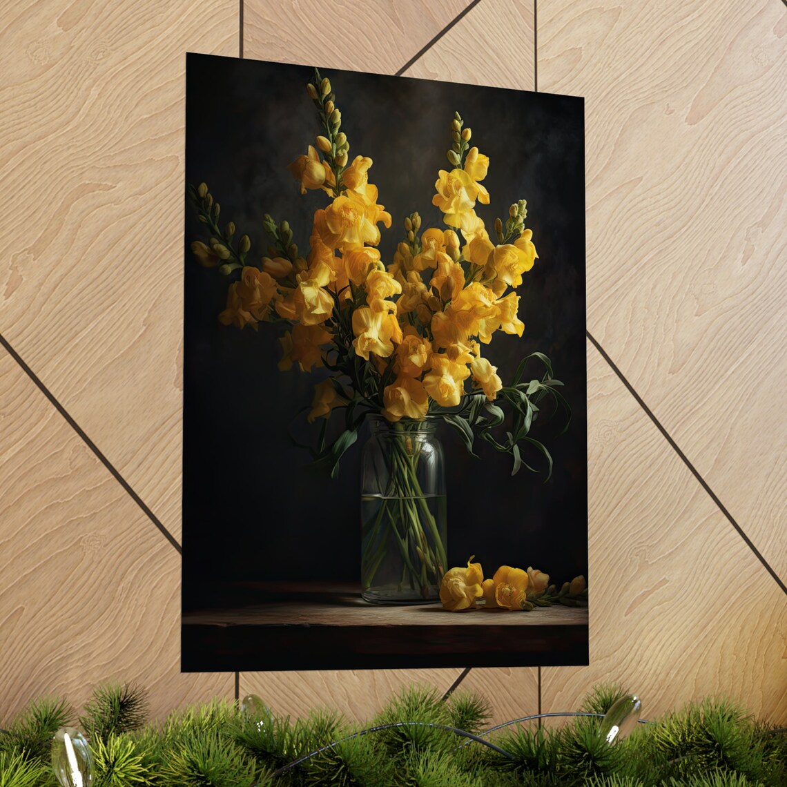 Golden Yellow Snapdragon Flowers Glass Vase Dark Still Life Art Print - Image 2