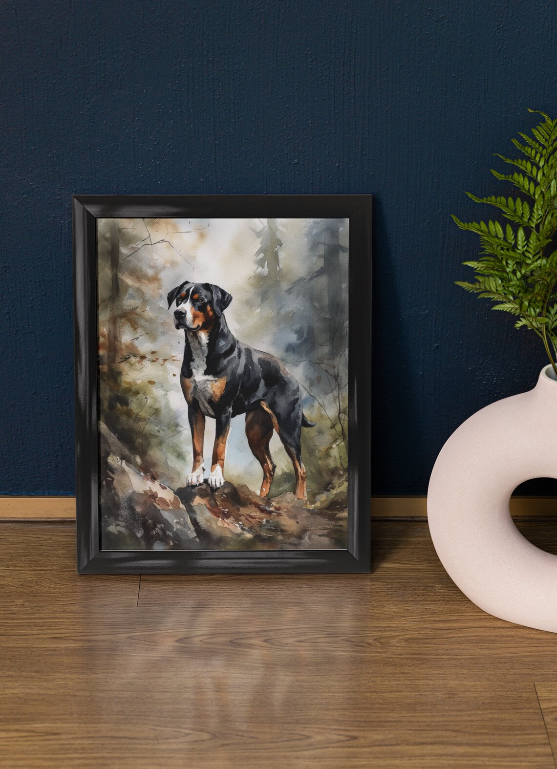 Greater Swiss Mountain Dog Standing In Misty Forest Watercolor Poster