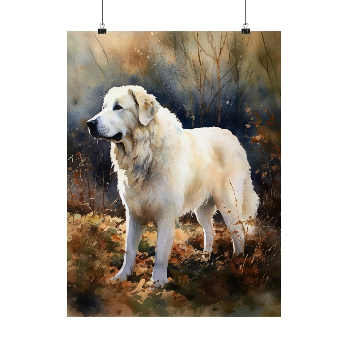 Kuvasz White Fluffy Guardian Dog Autumn Field Watercolor Poster - Image 5