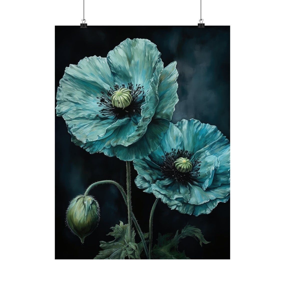 Teal Blue Poppy Flowers Dark Background Dramatic Botanical Poster - Image 4