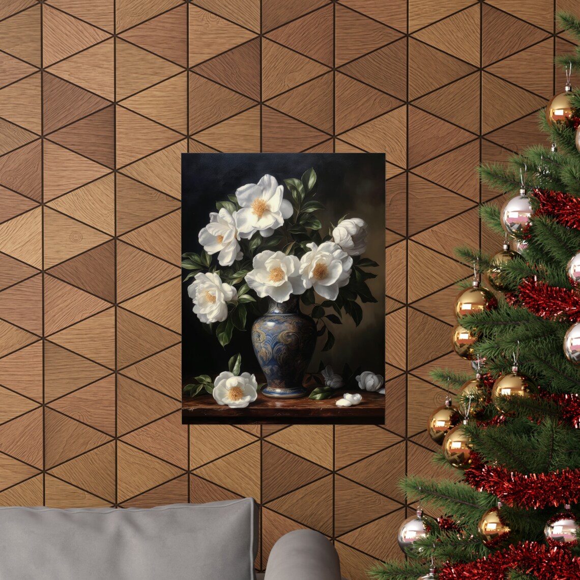 White Camellia Flowers Dark Still Life Floral Painting Fine Art Poster - Image 3