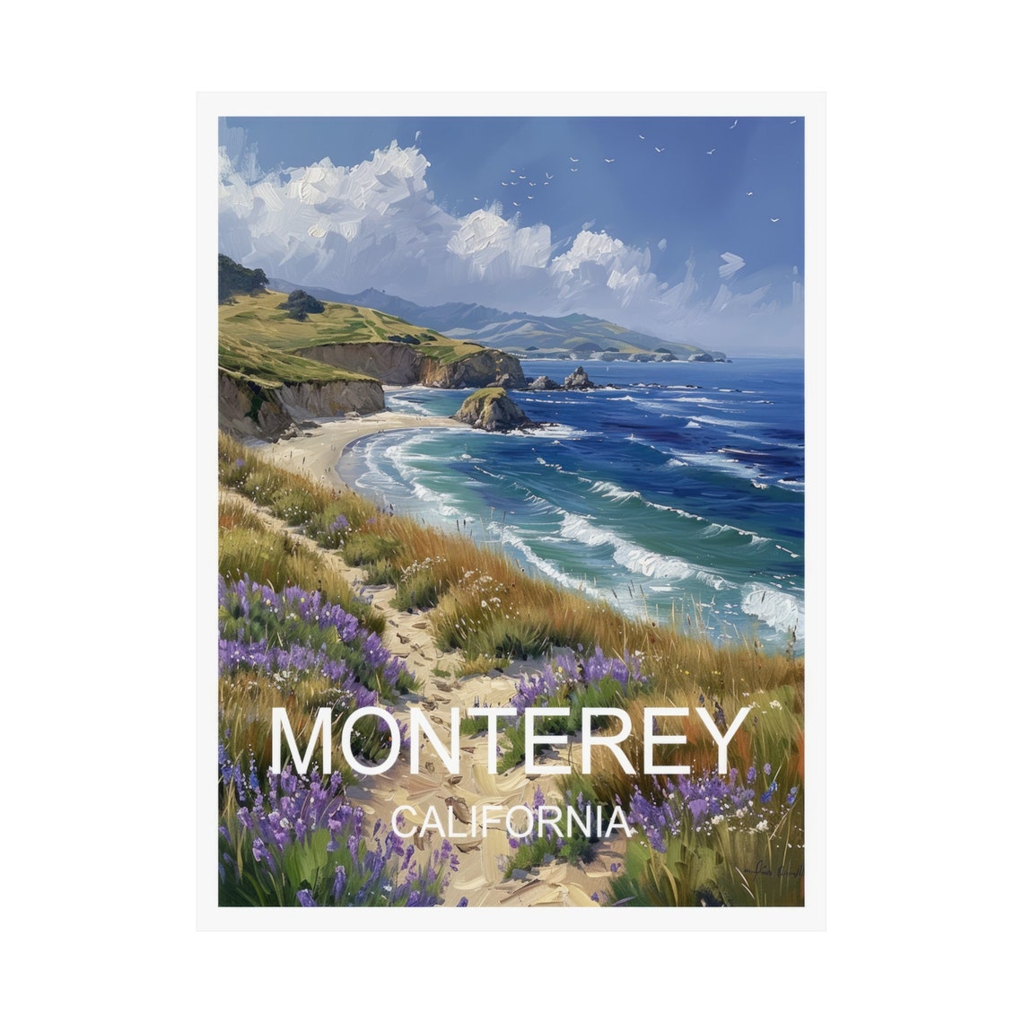 Monterey California Wildflower Bluff Coastal Waves Travel Poster - Image 3