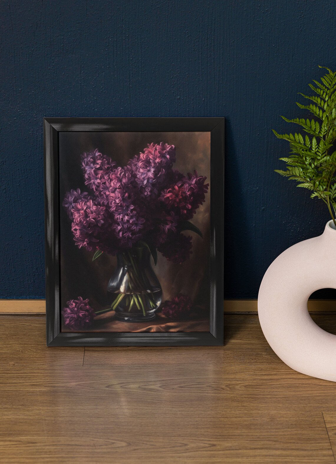 Purple Hyacinth Bouquet Dark Vase Moody Still Life Flower Art Poster
