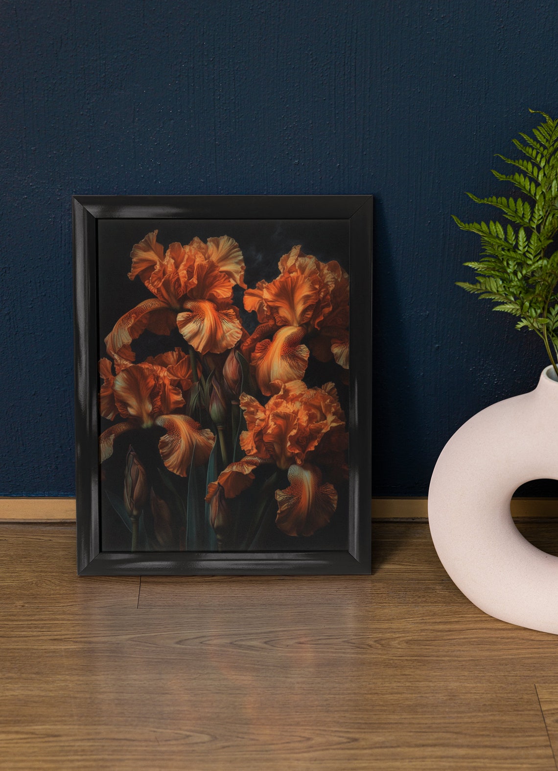 Burnt Orange Iris Blooms Dramatic Dark Botanical Wall Art Print