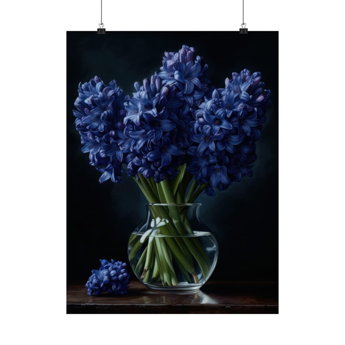 Blue Hyacinth Bouquet Glass Vase Dark Still Life Botanical Art Poster - Image 5