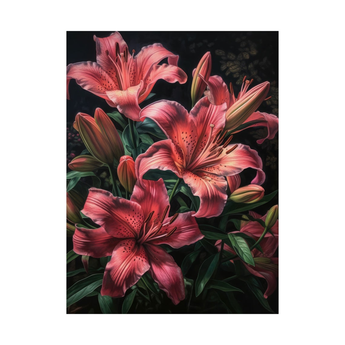 Pink Tiger Lily Blossoms Moody Dark Botanical Floral Art Print - Image 4