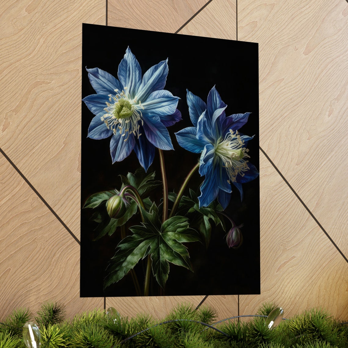 Blue Columbine Flowers Dramatic Dark Background Floral Art Print - Image 2