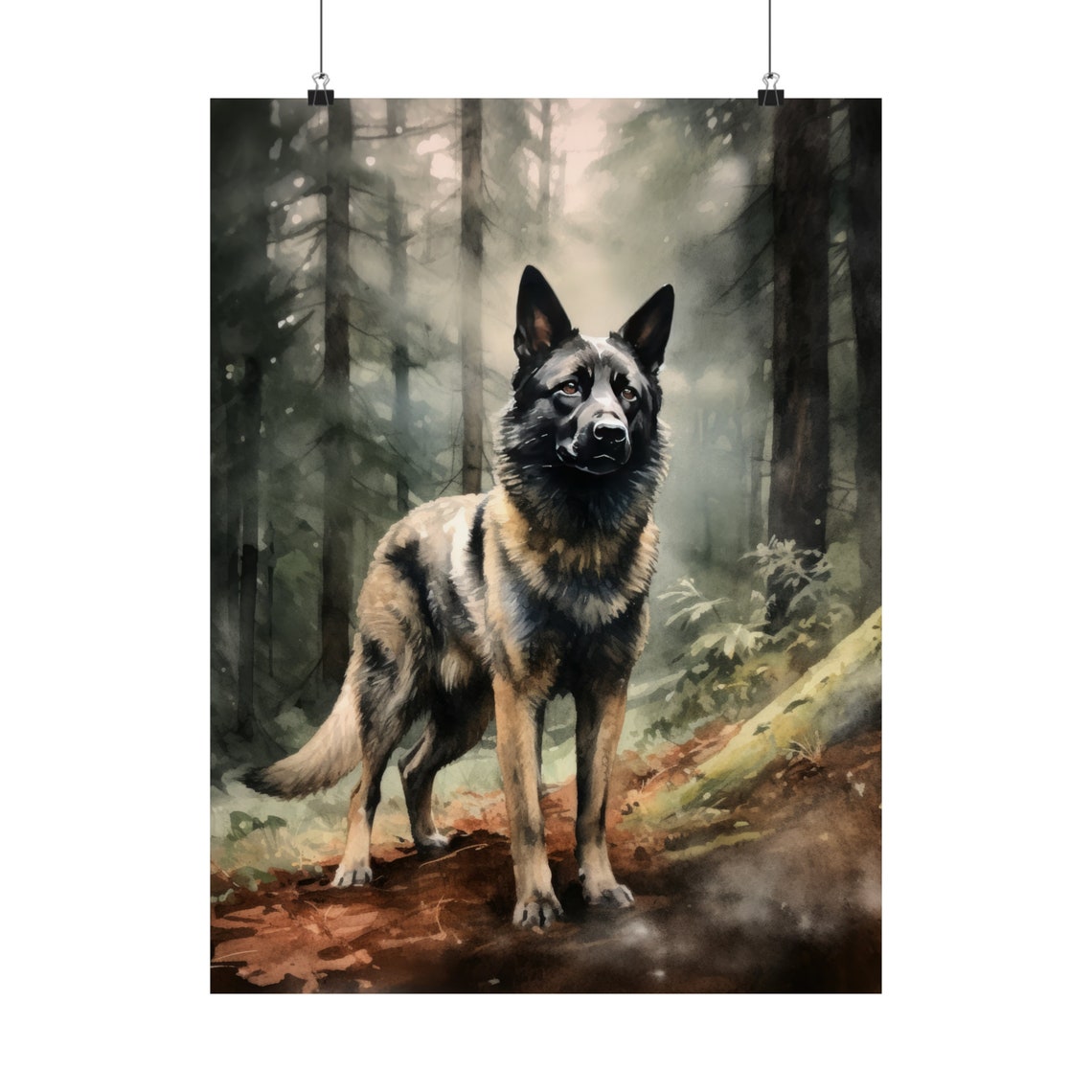 Norwegian Elkhound Dark Coat Misty Pine Forest Watercolor Poster - Image 5