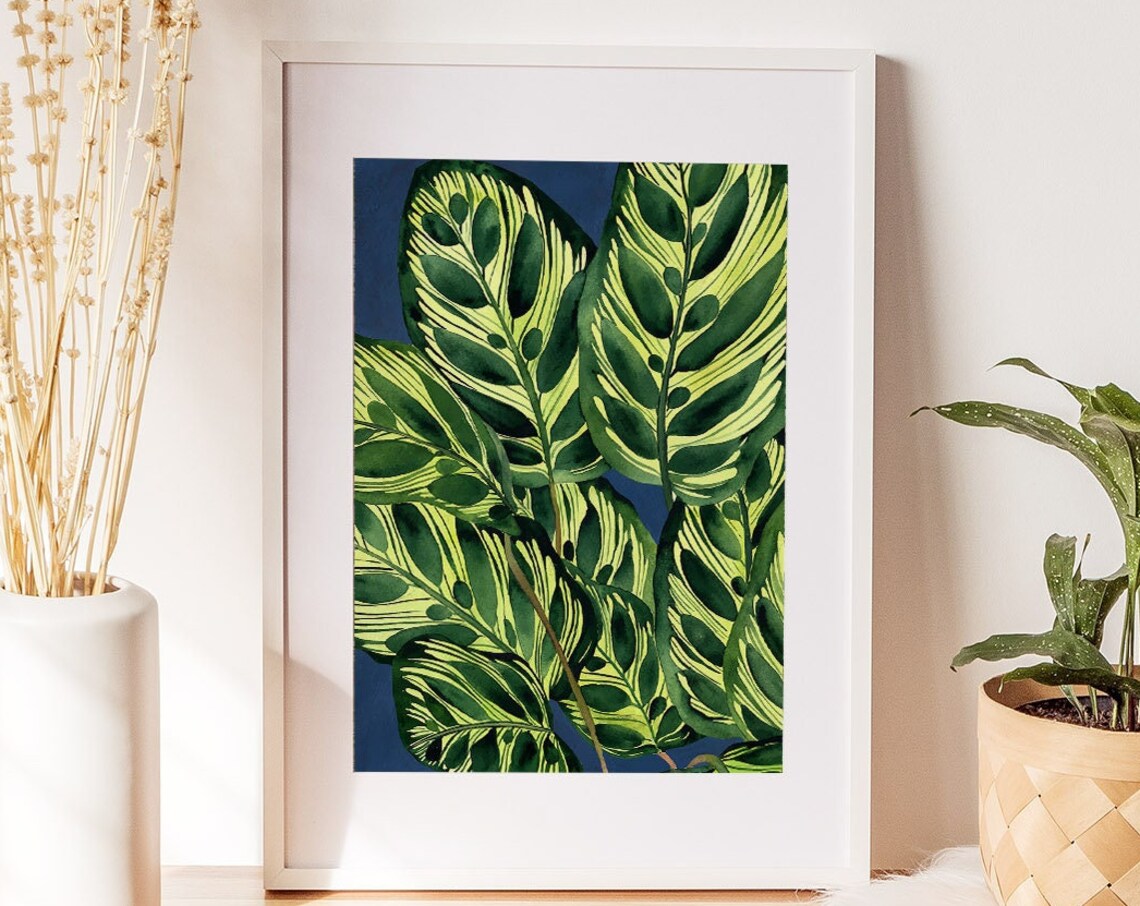 Giant Calathea Leaves On Navy Blue Watercolor Botanical Poster - Image 2