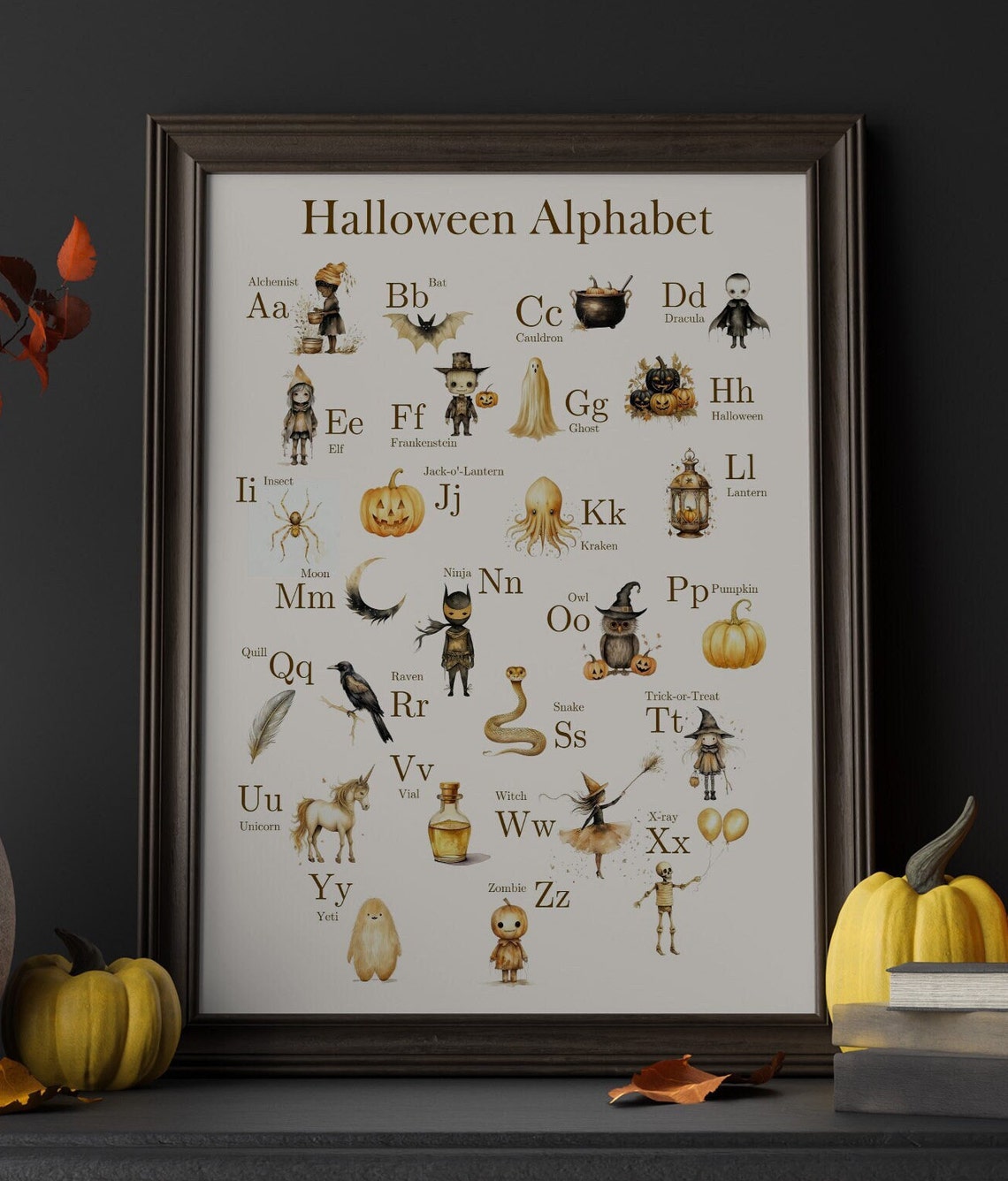 Halloween Alphabet A to Z Watercolor Educational Classroom Poster