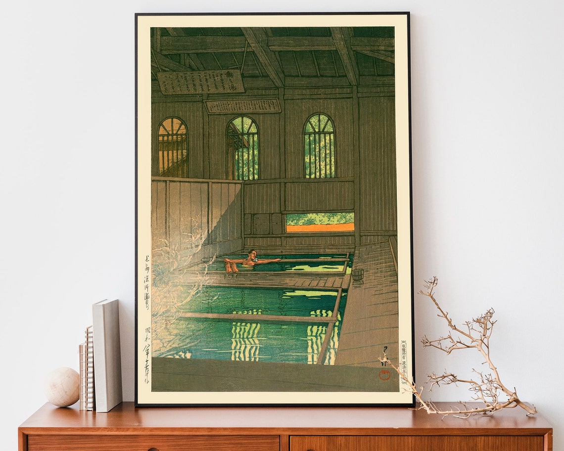 Kawase Hasui Traditional Onsen Bathhouse Steamy Woodblock Art Poster