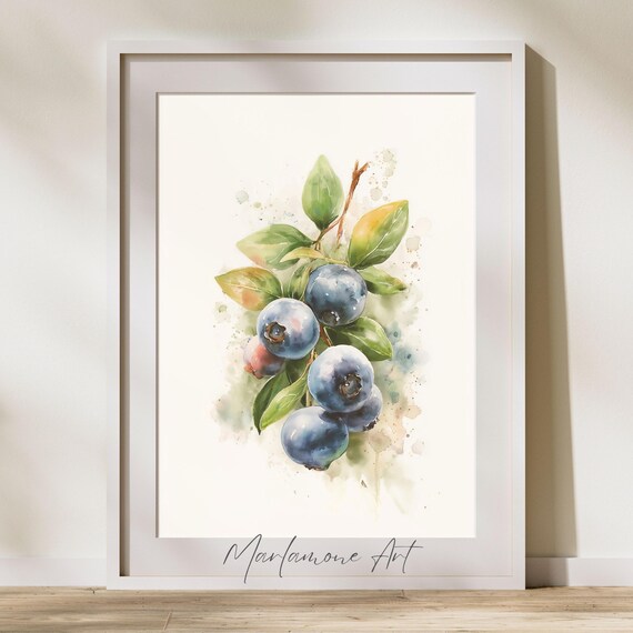 Watercolor Blueberries Fruit Painting Botanical Kitchen Wall Decor Poster