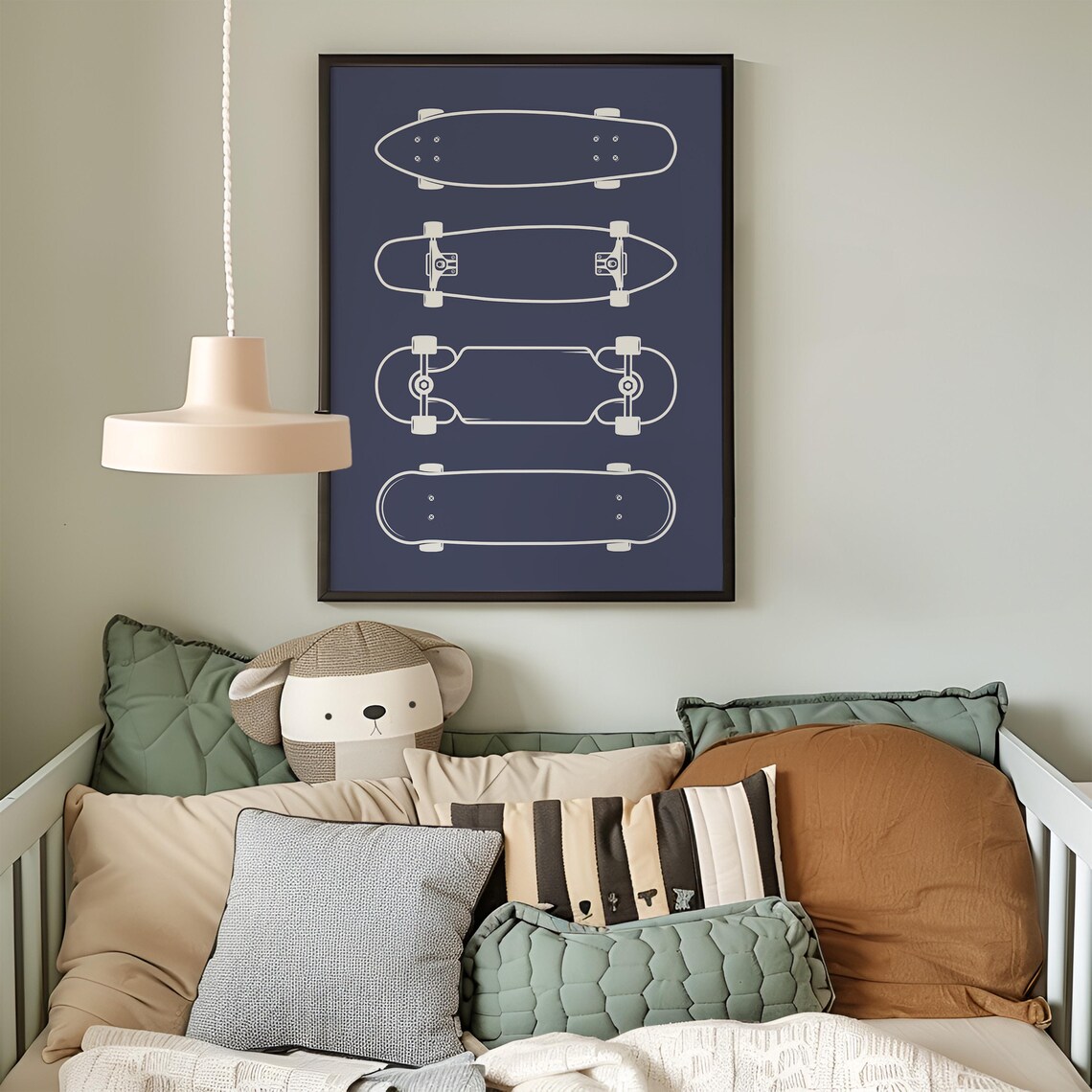 Navy Blue Skateboard Deck Blueprint Diagram Poster for Teen Boys Room