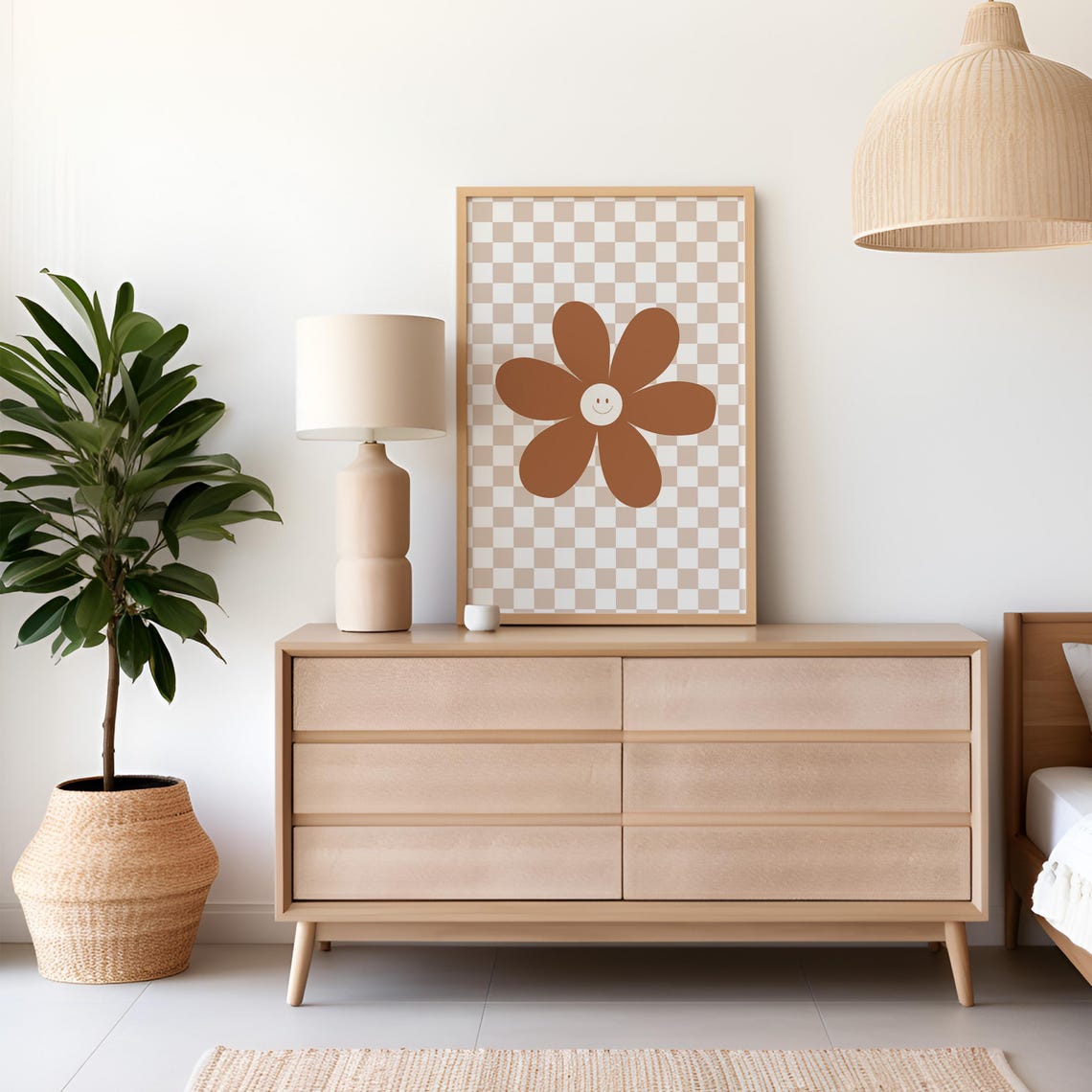 Smiley Daisy Burnt Orange Retro Checkerboard Wall Decor Poster - Image 3