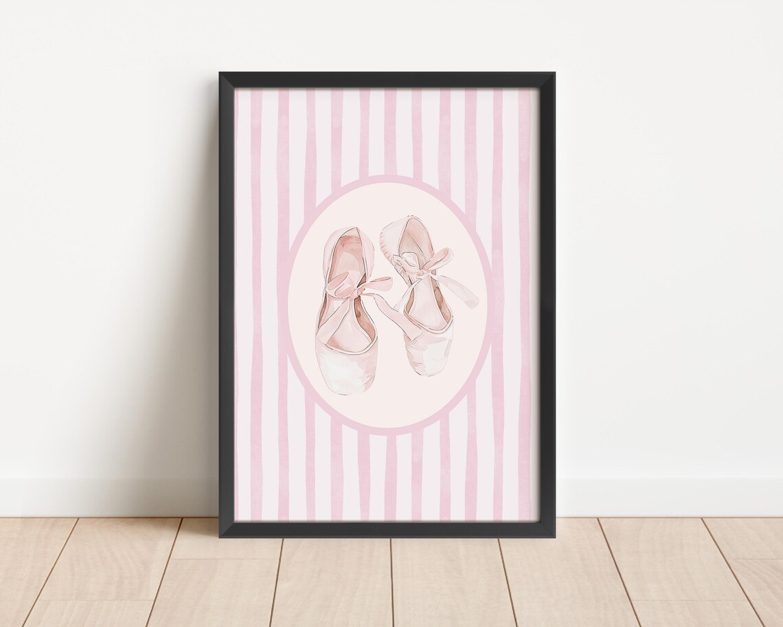 Ballerina Ballet Slippers Watercolor Pink Stripes Nursery Poster - Image 3