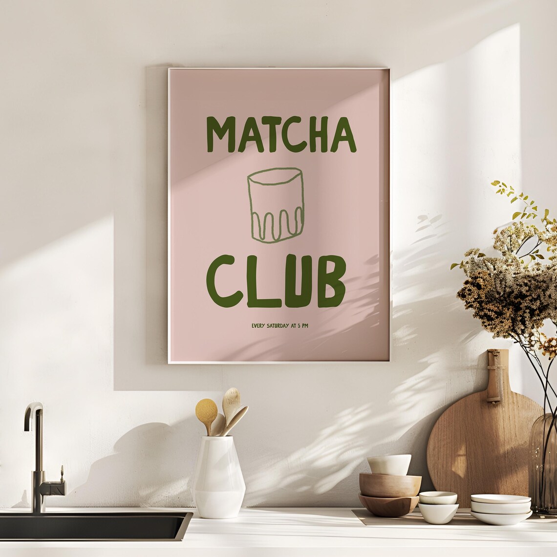 Matcha Club Doodle Every Saturday at 5 PM Green Pink Kitchen Poster