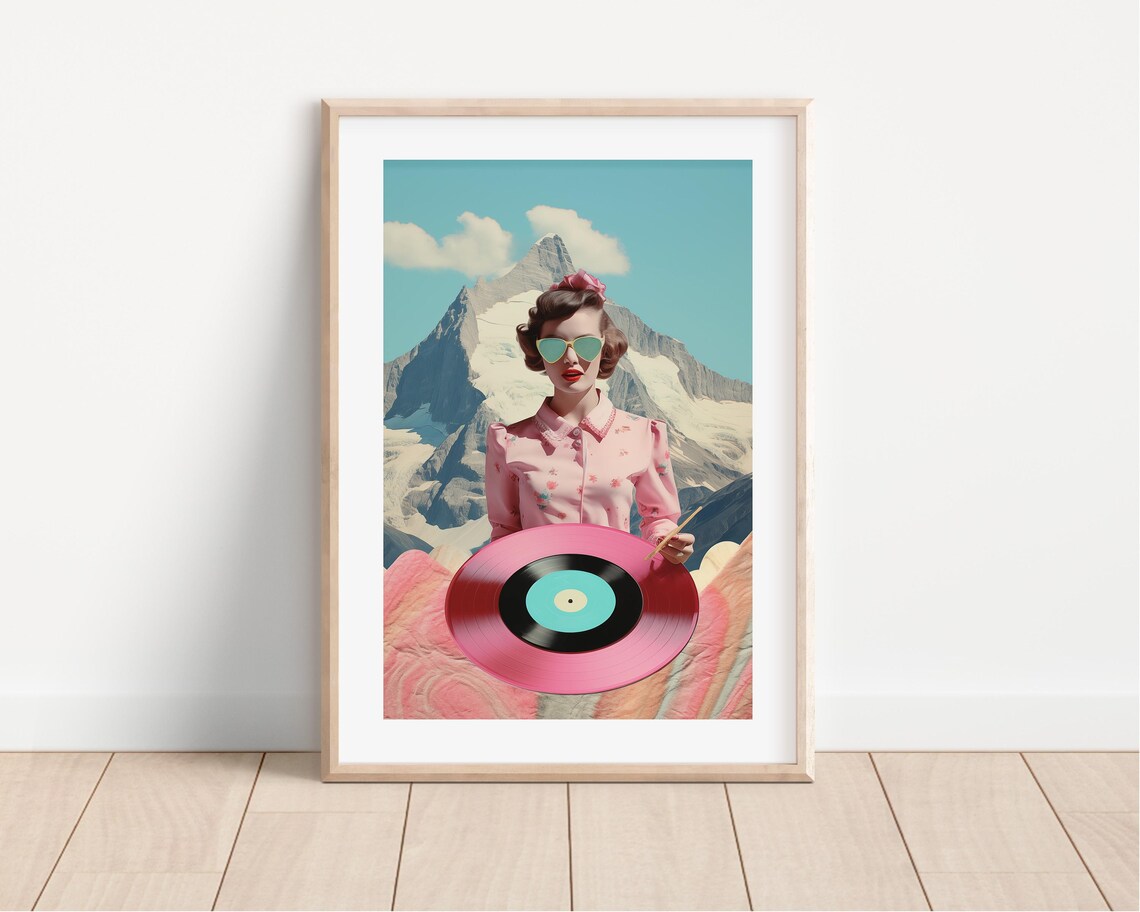 Retro Woman With Pink Vinyl Record Mountain Collage Art Poster - Image 3