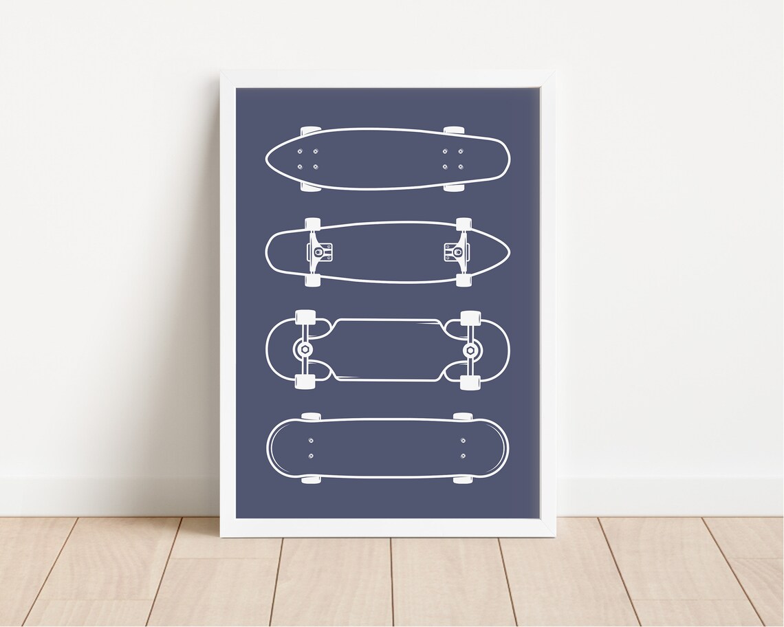 Navy Blue Skateboard Deck Blueprint Diagram Poster for Teen Boys Room - Image 3