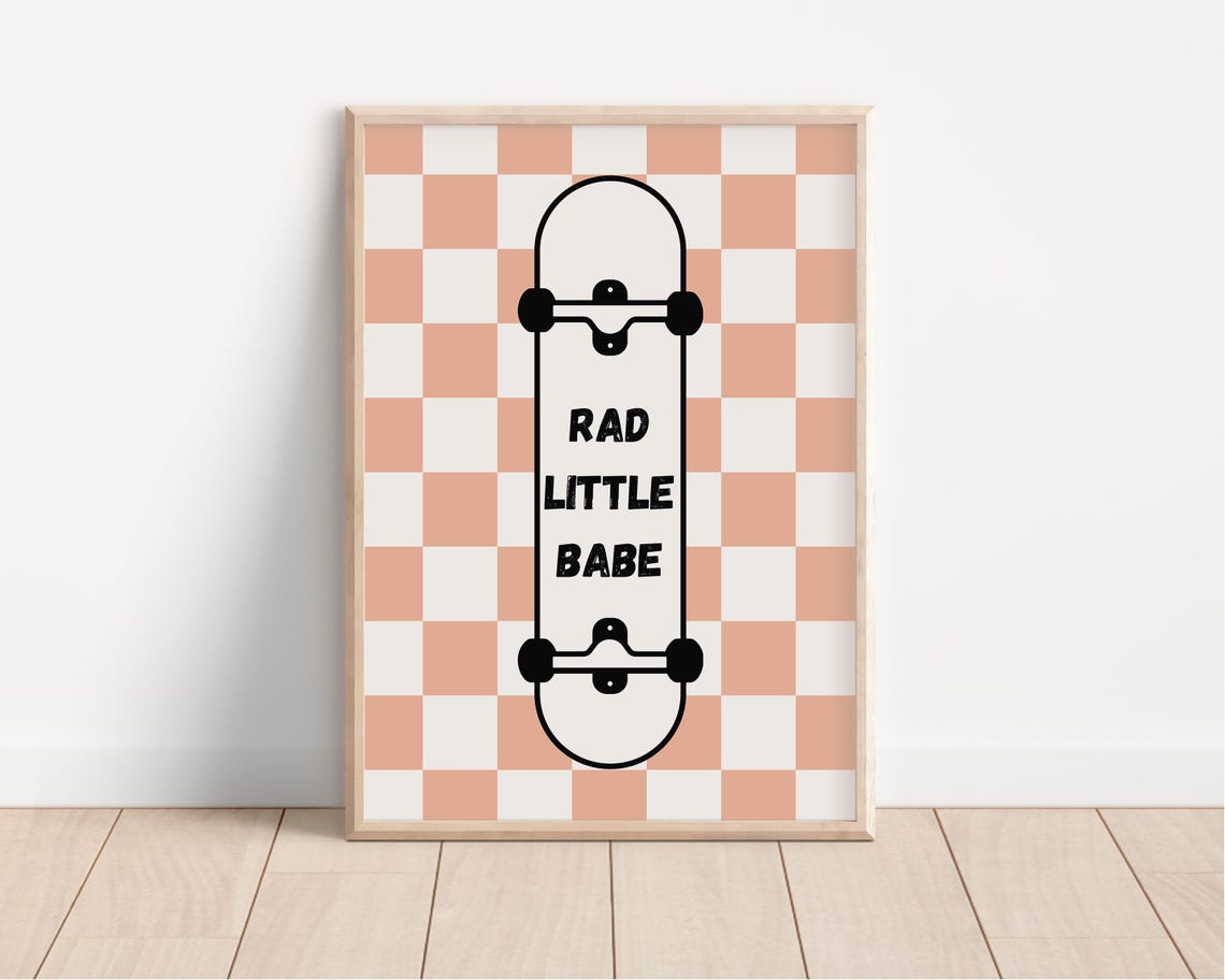 Rad Little Babe Skateboard Peach Checkered Nursery Room Poster - Image 4