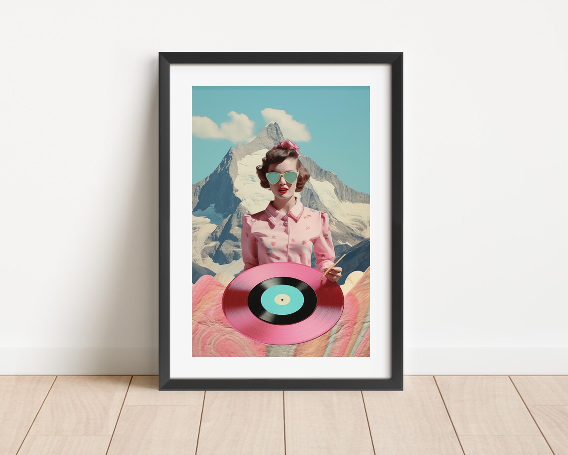 Retro Woman With Pink Vinyl Record Mountain Collage Art Poster
