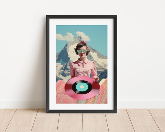 Retro Woman With Pink Vinyl Record Mountain Collage Art Poster