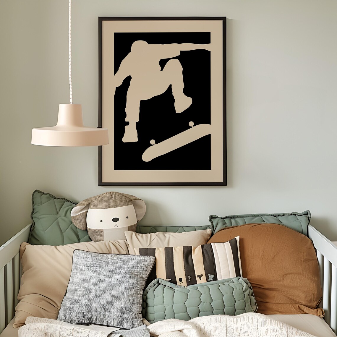 Skateboarder Kickflip Silhouette Black Tan Kids Room Sports Poster
