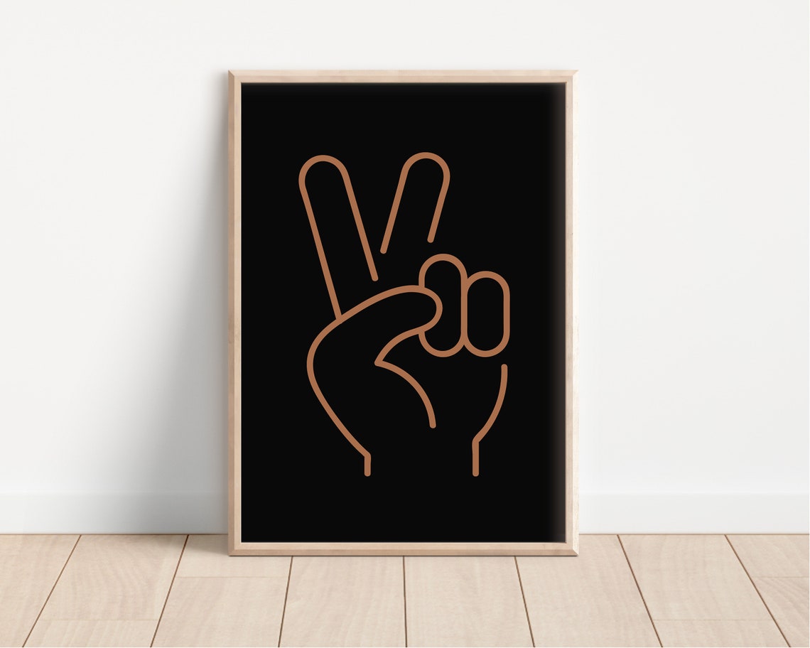 Peace Hand Sign Line Art Poster Black Background Boho Retro Kids Room - Image 2