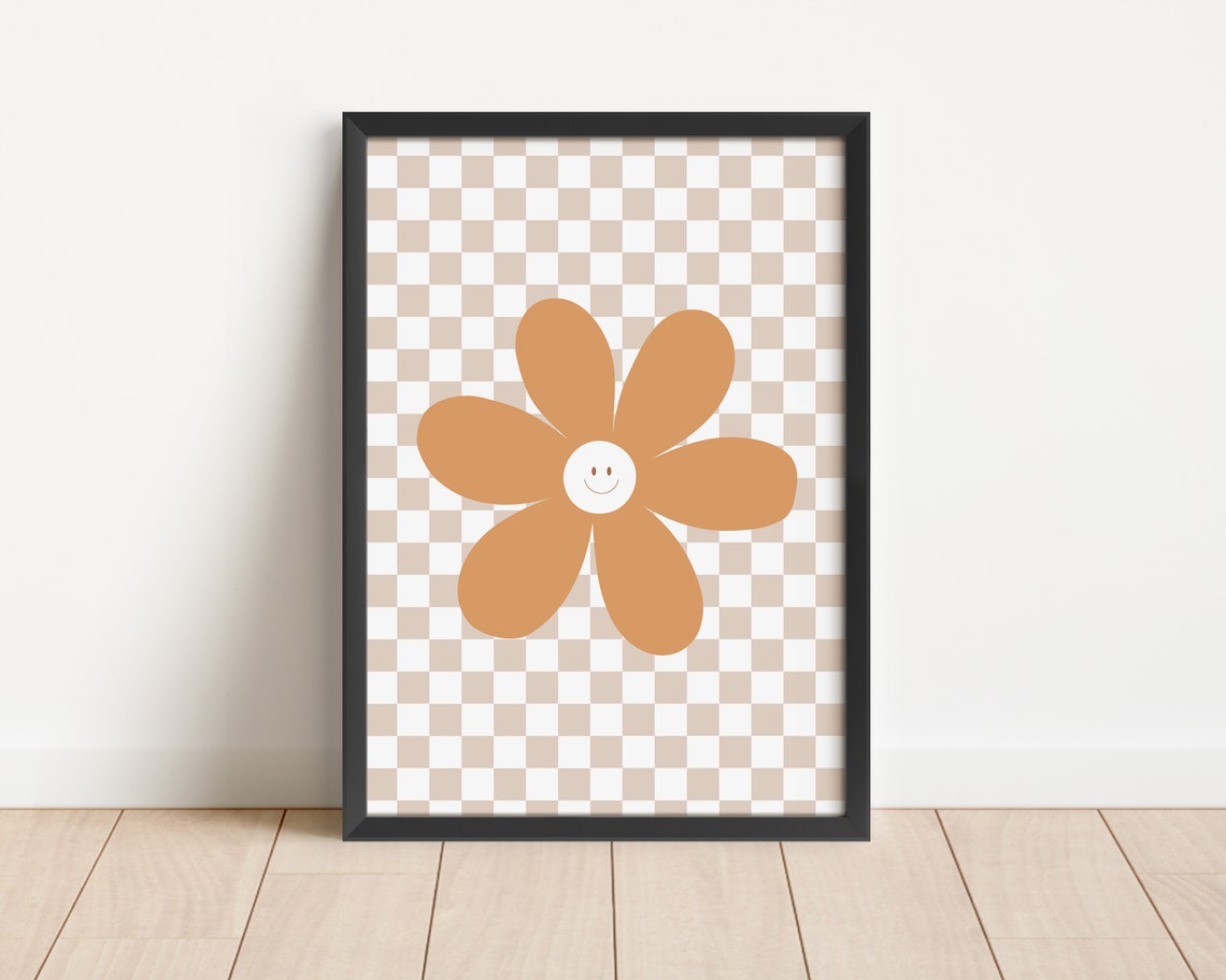 Smiling Daisy Mustard Yellow Checkerboard Nursery Decor Poster - Image 3