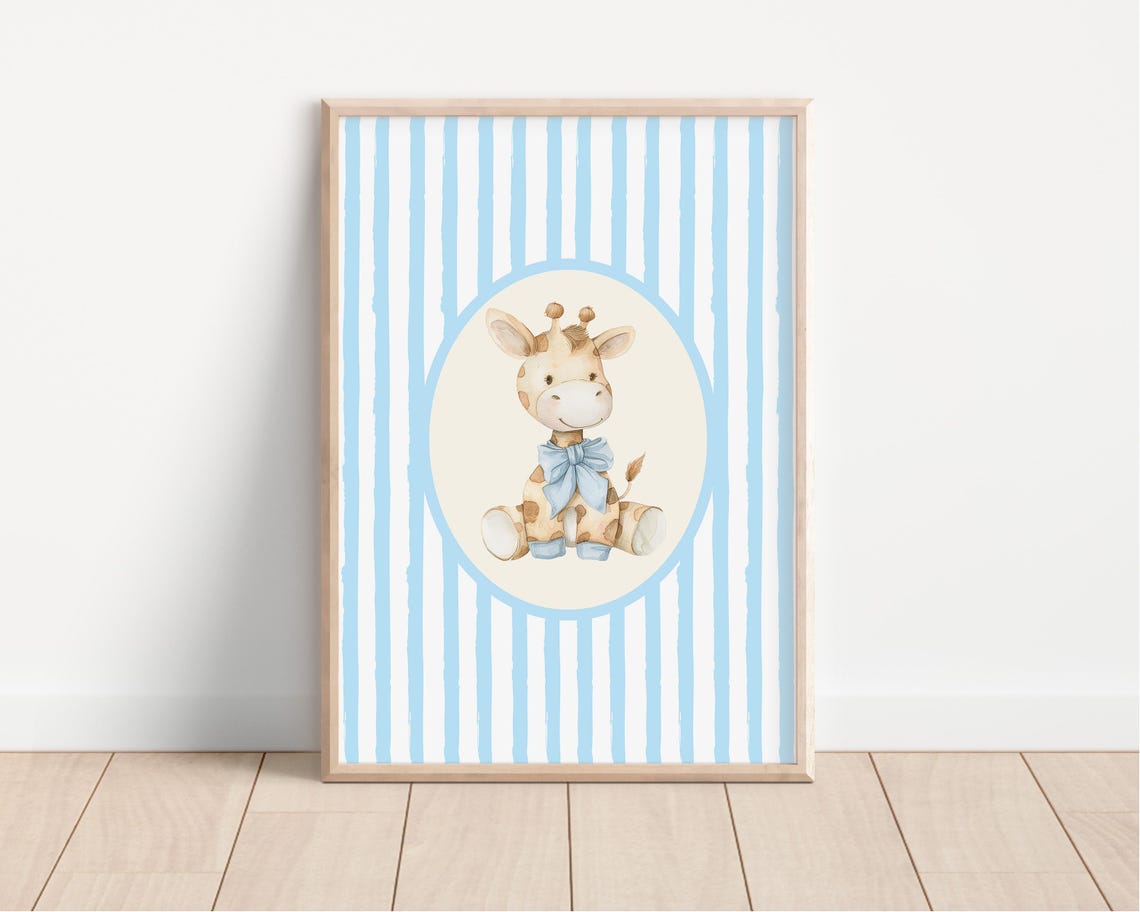 A Sweet Baby Giraffe Blue Striped Safari Nursery Watercolor Poster - Image 4