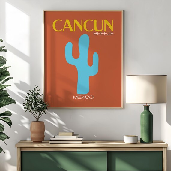 Sunny Cancun Breeze Retro Orange Blue Cactus Mexico Travel Poster