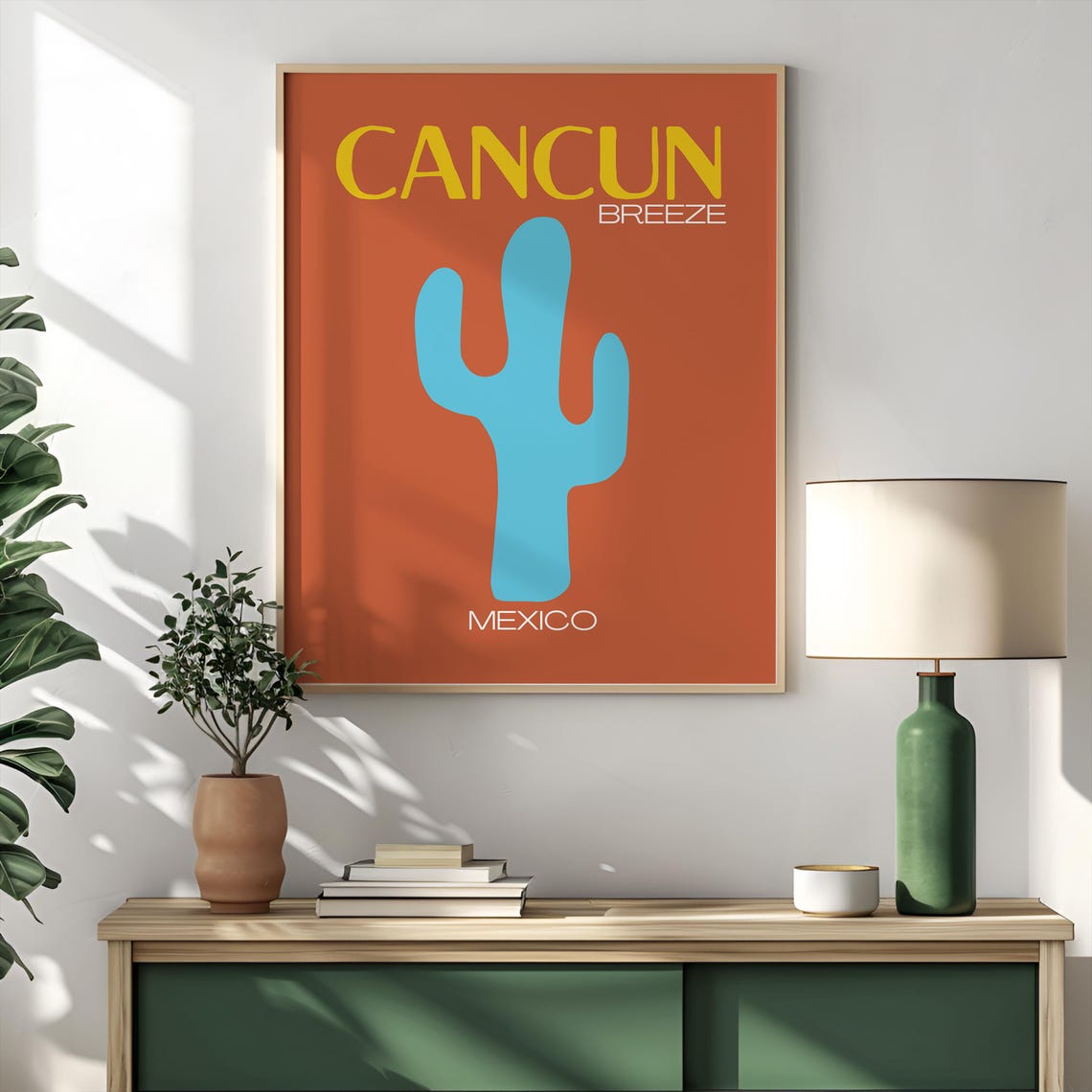 Sunny Cancun Breeze Retro Orange Blue Cactus Mexico Travel Poster