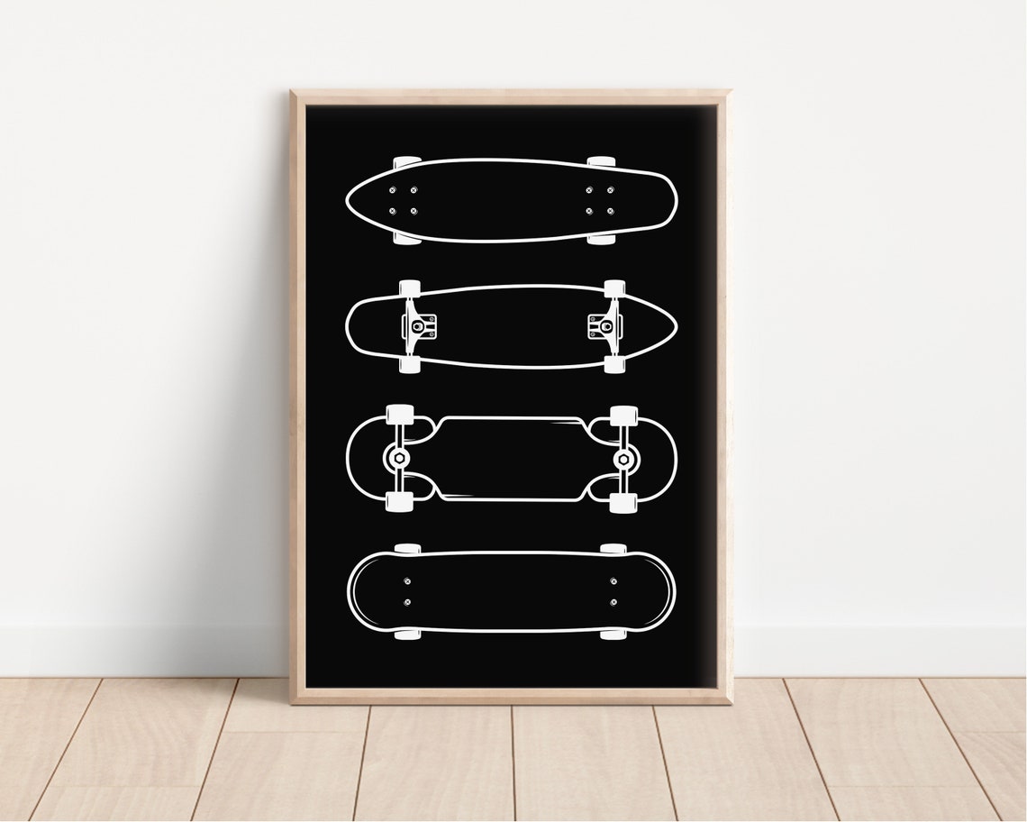 Four Skateboard Decks Line Illustration Black White Kids Room Poster - Image 2