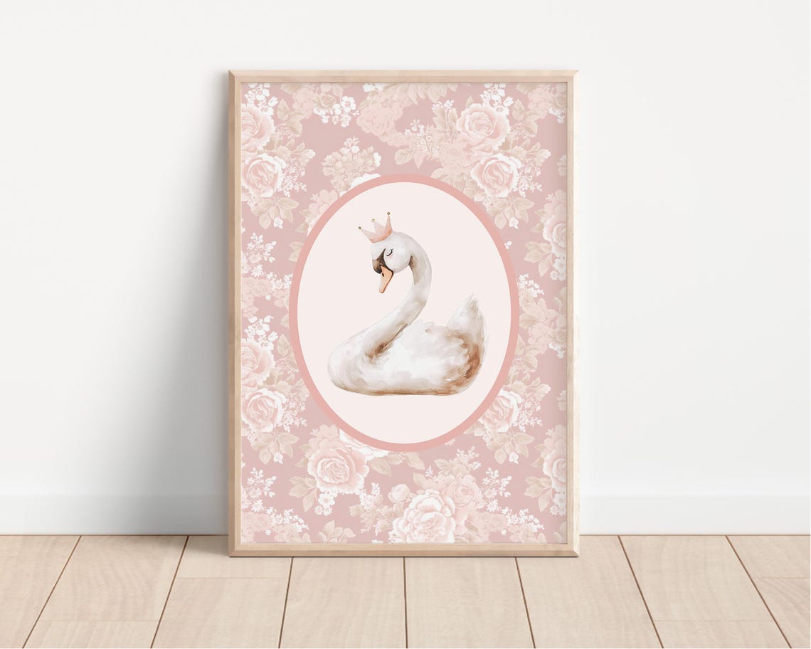 Crowned Swan Watercolor Royal Floral Oval Nursery Art Poster