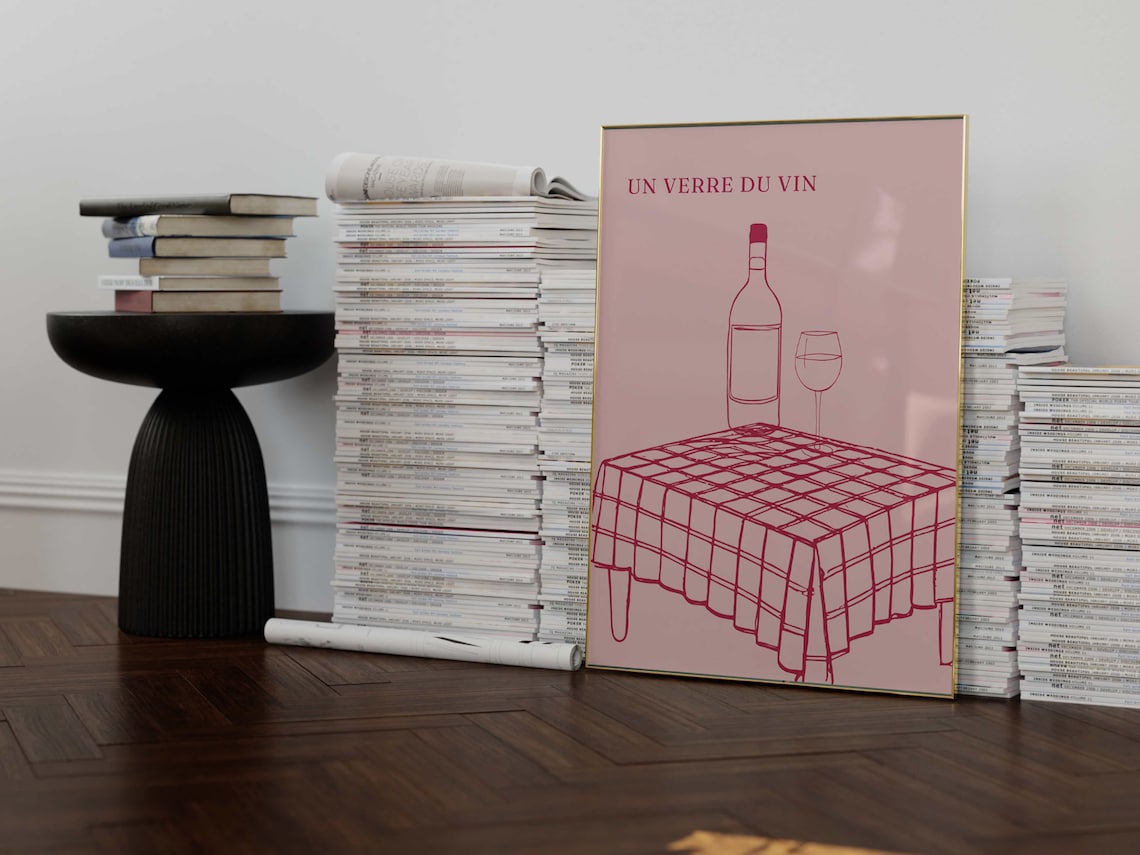Un Verre Du Vin Pink Line Art French Wine Kitchen Decor Poster - Image 2