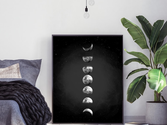 Black White Moon Phase Vertical Celestial Night Sky Art Poster