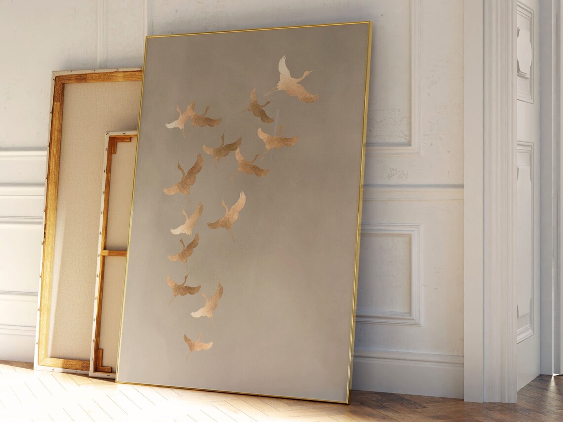 Japanese Cranes Beige And Gold Art Print - Image 4