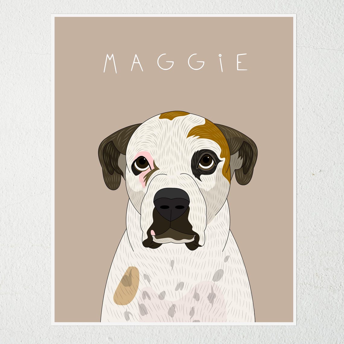 Maggie White and Tan Pit Bull Custom Dog Portrait Illustration Poster