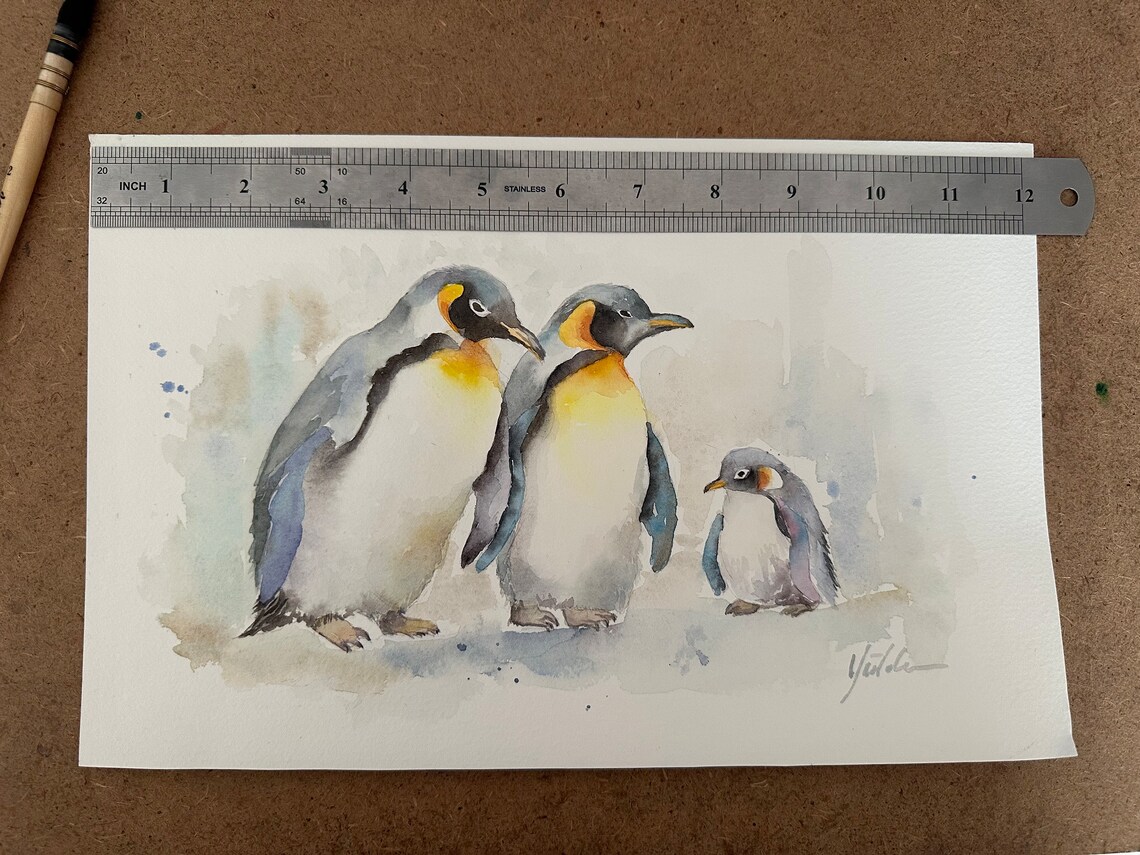 Penguin Family Original Watercolor Painting Nursery Wall Decor Cute Animal Art Baby Nursery Art Handmade Art Penguin Artwork 8x12in - Image 3