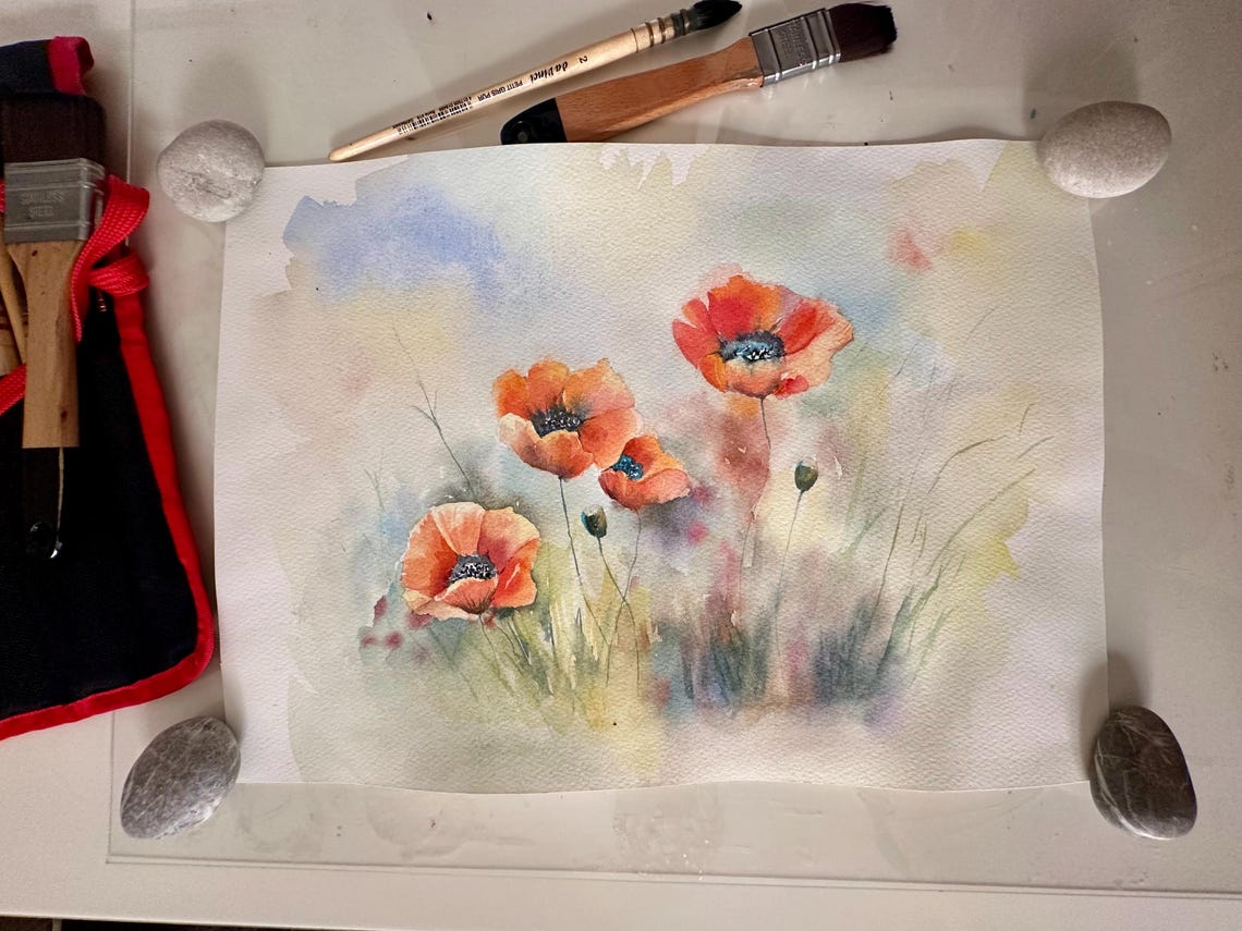 Orange Red Poppies in Soft Misty Morning Light Watercolor Poster - Image 6