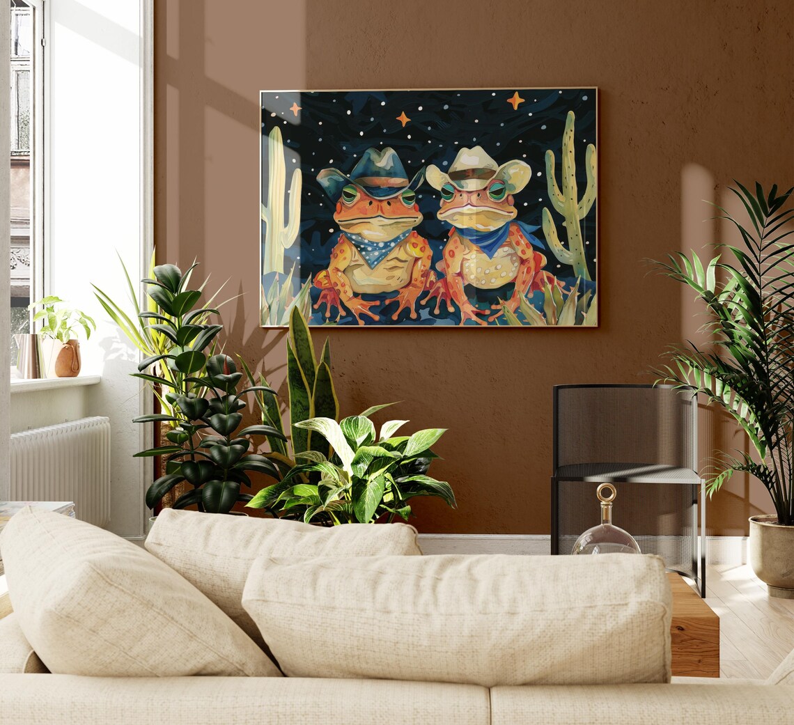 Cowboy Frogs Oil Painting Poster with Toads in Starry Desert Night - Image 2