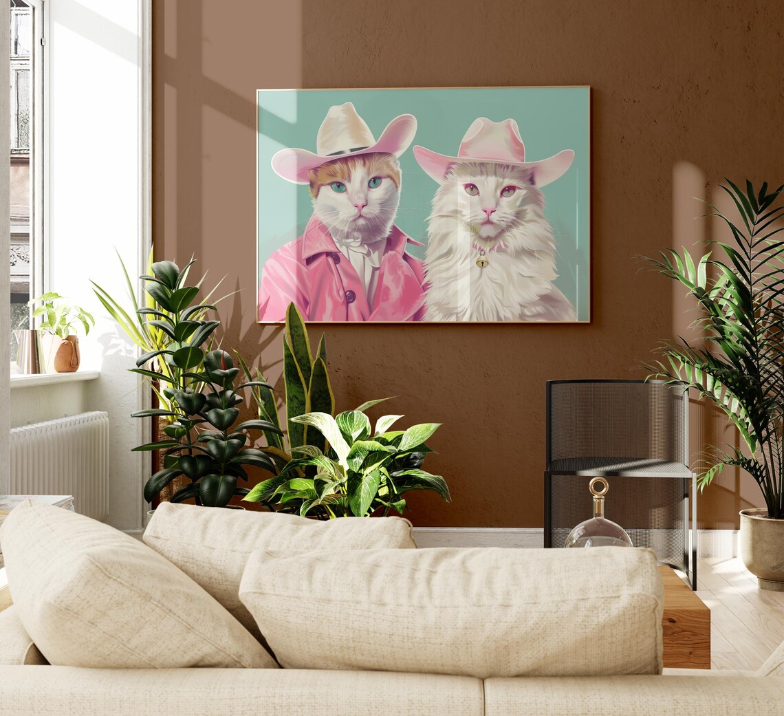 Two White Cowboy Cats in Pink Hats on Teal Background Poster - Image 2