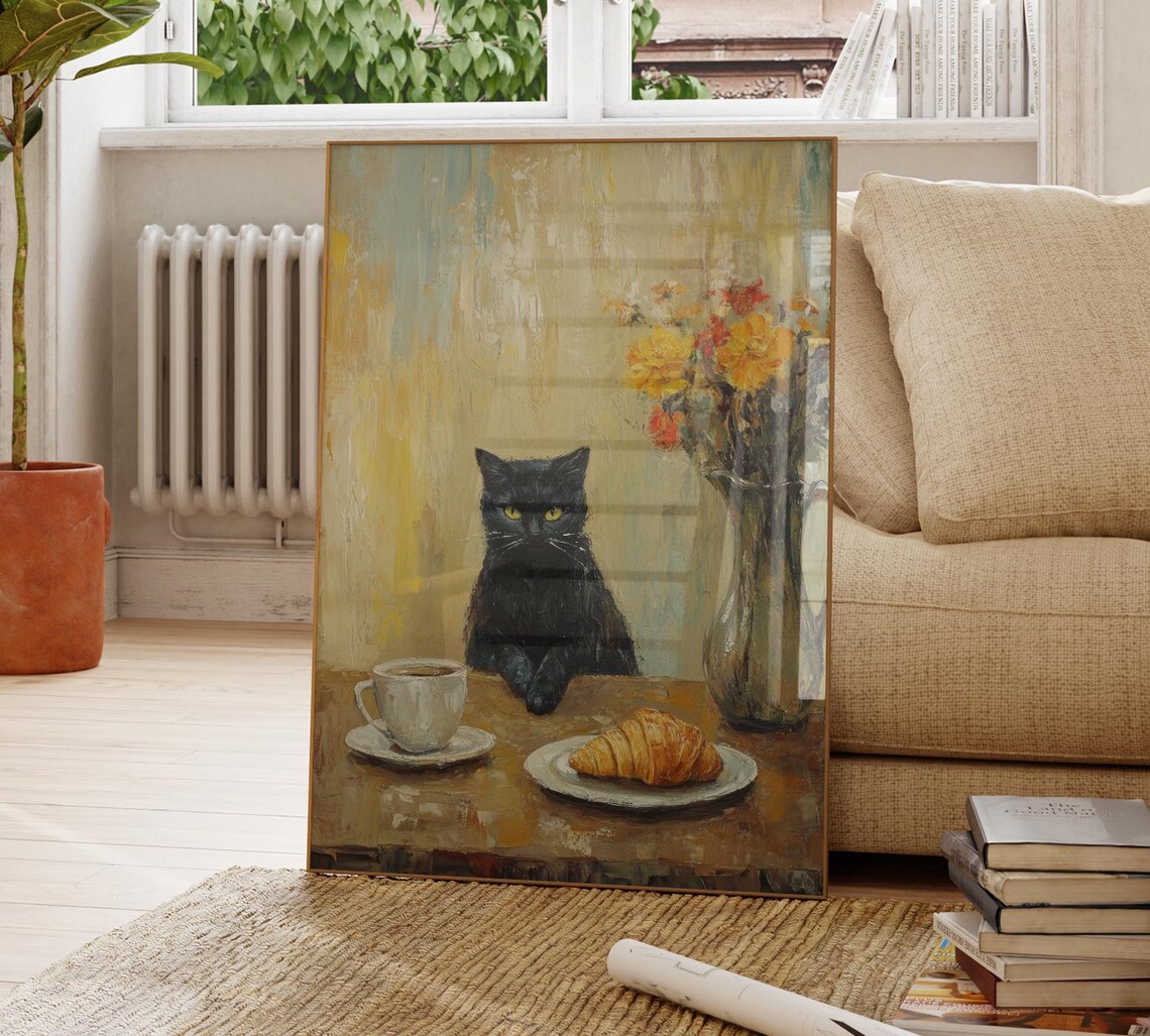 Black Cat Waiting at a Cozy French Cafe Table with Coffee Print - Image 4