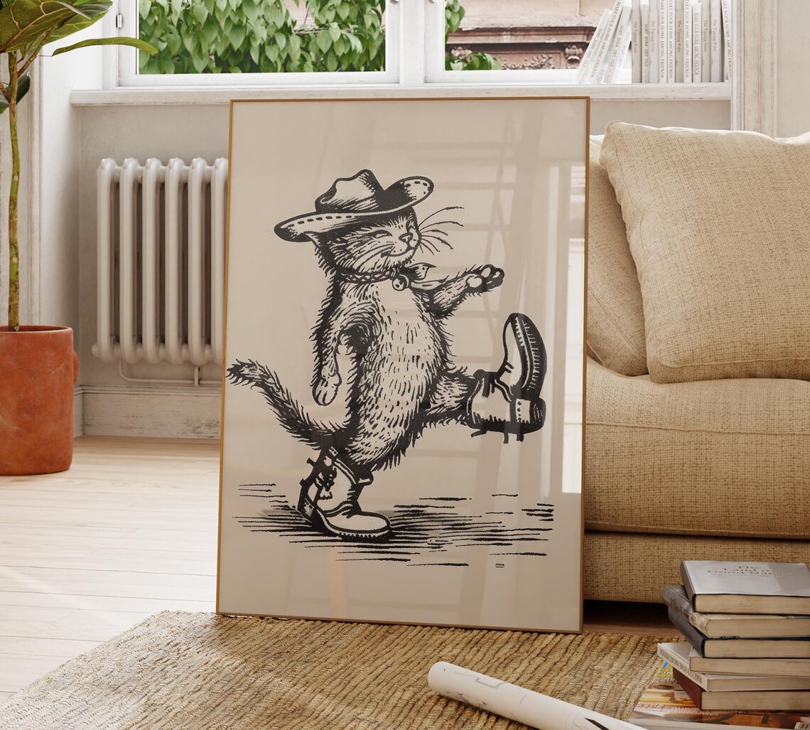 Smiling Cowboy Cat Bell Collar Dance Kick Western Sketch Poster - Image 4