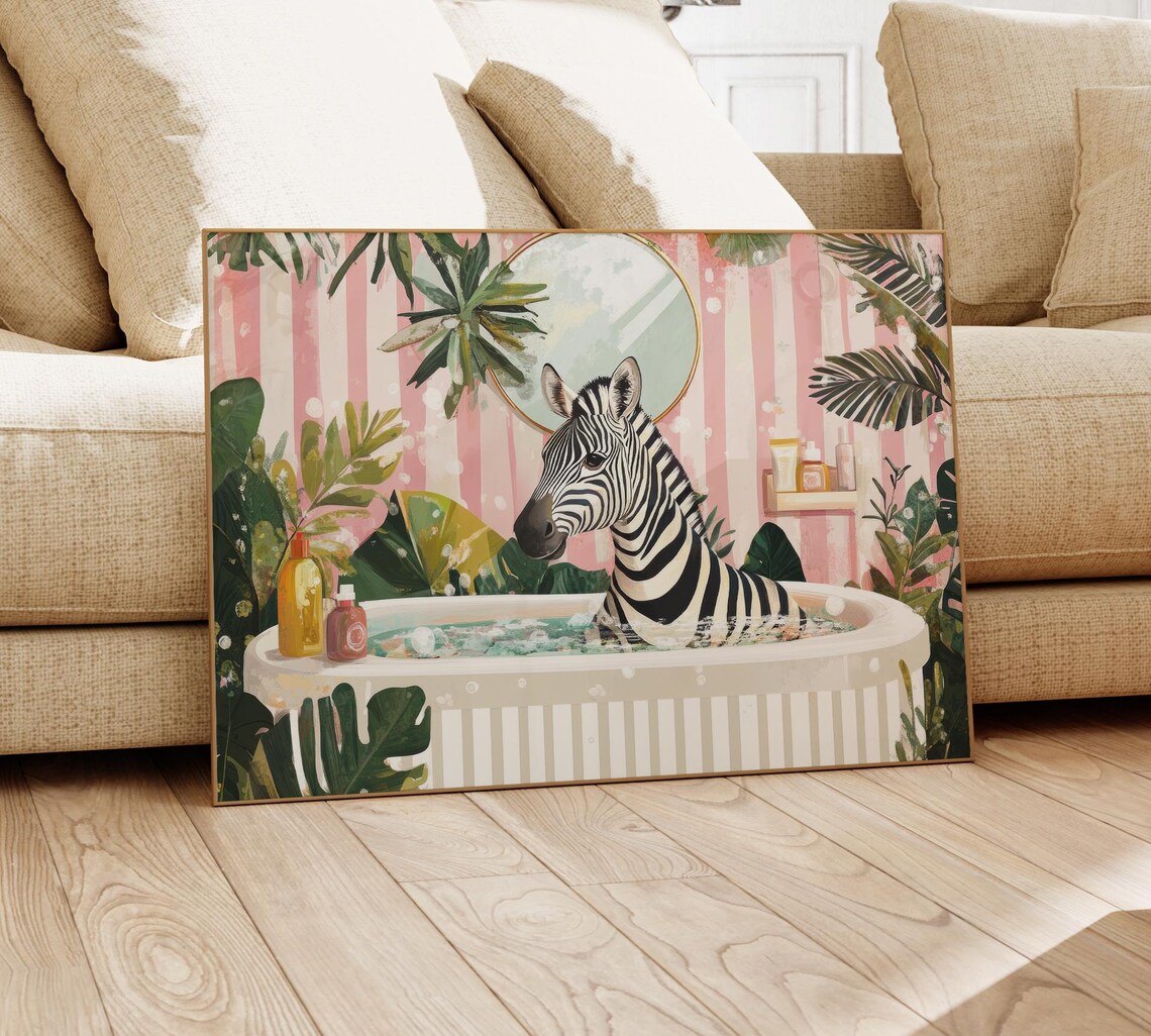 Zebra in a Bubble Bath With Pink Striped Wallpaper Tropical Poster - Image 4