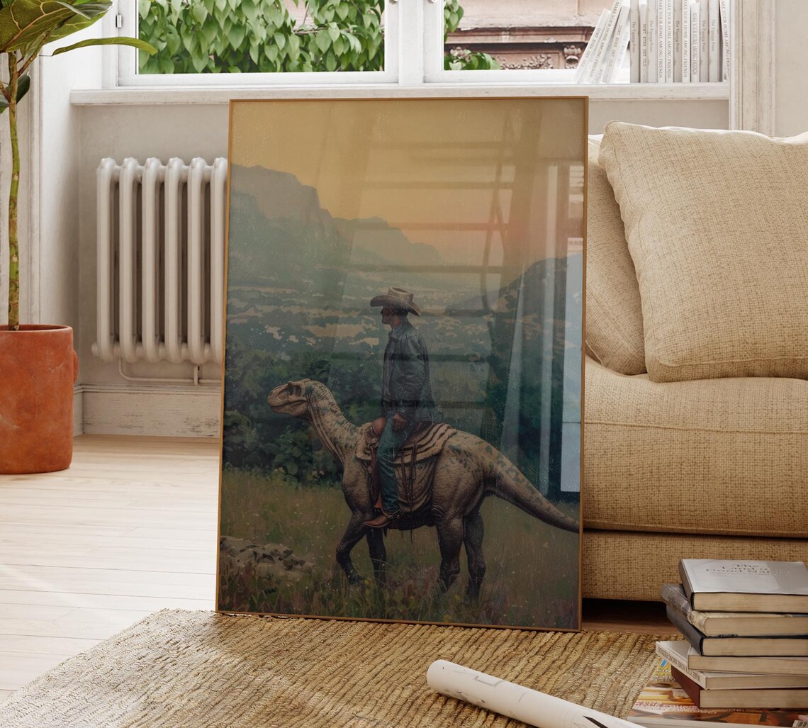 Vintage Dinosaur Cowboy Oil Painting Print, Western Humor - Image 4